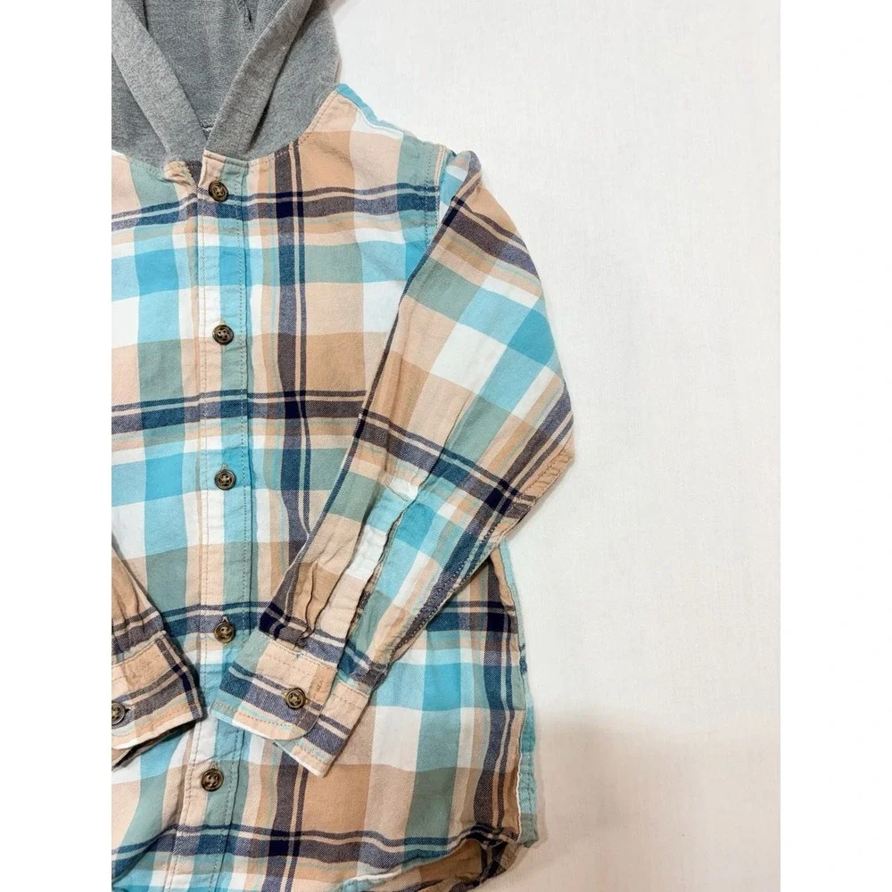Carter's Boys Blue Tan Plaid Hooded Flannel Button Down Shirt Size 7